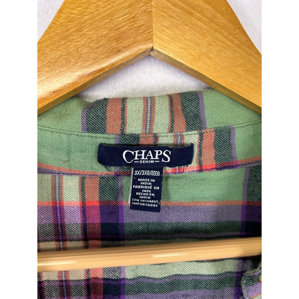 Cabincore Chaps Womens 3X Green Plaid Cotton‎ Long Sleeve Button Down Shirt - Picture 3 of 9